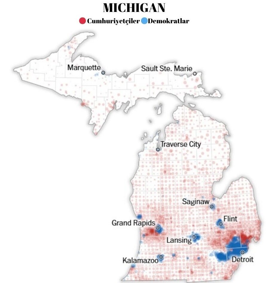 Michigan eyaletinde 2020 seçimi coğrafi oy dağılımı