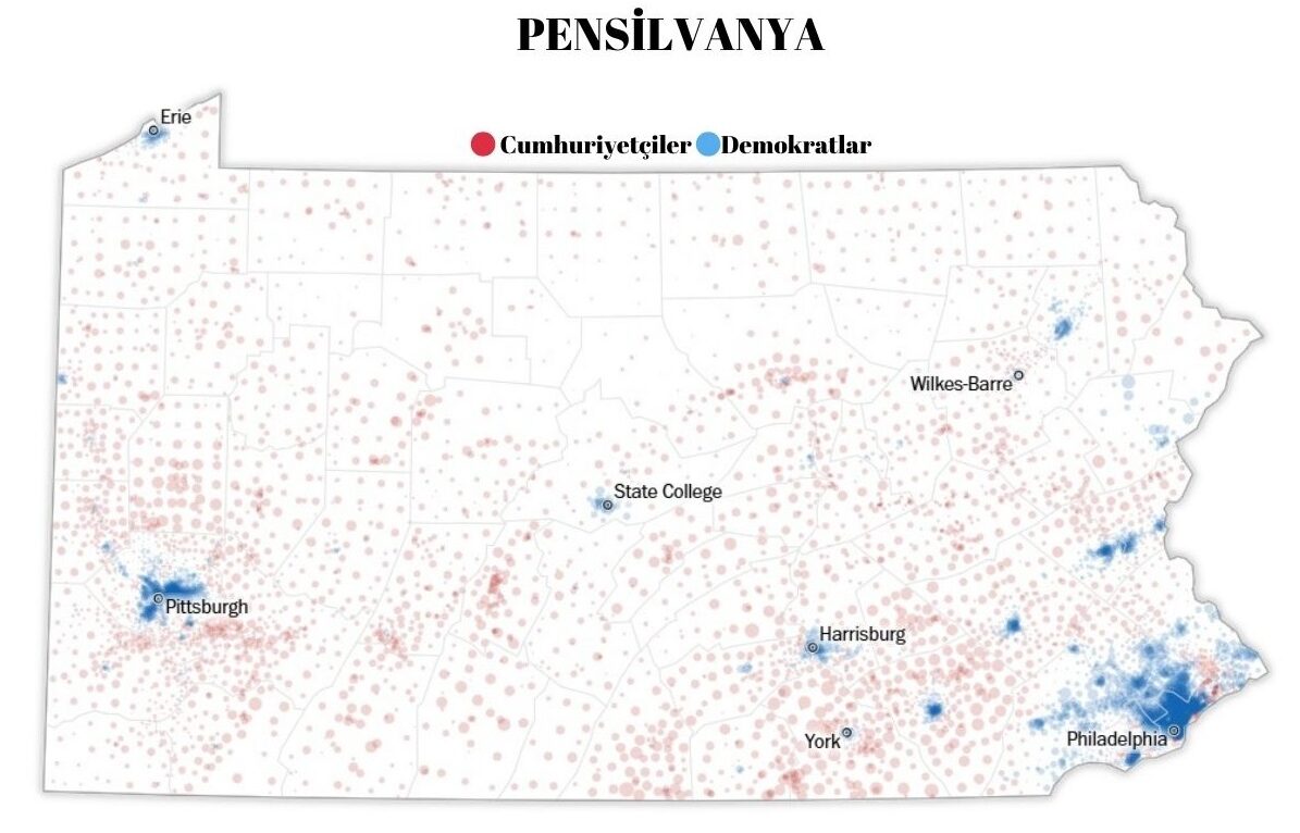 Pensilvanya eyaletinde 2020 seçimi coğrafi oy dağılımı