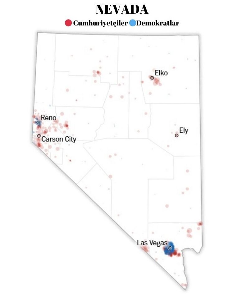 Nevada eyaletinde 2020 seçimi coğrafi oy dağılımı