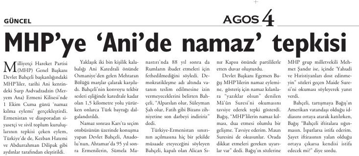 Agos Gazetesi'nin o dönemki manşeti.