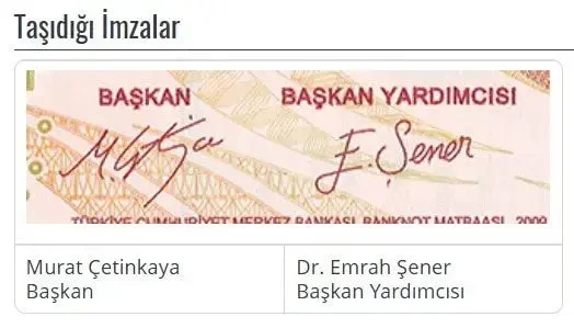 Şener'in 200 TL'lik banknotların üzerinde imzası var.