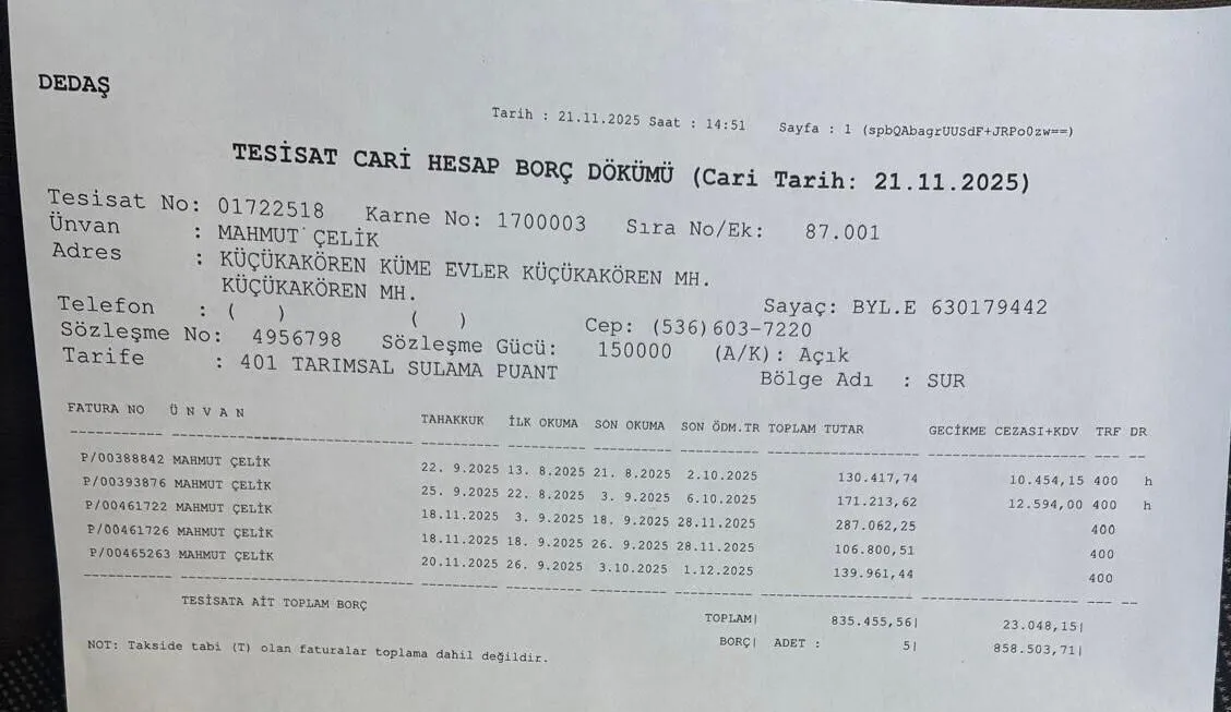 Çiftçiye sulama yapmadığı aylar için 835 bin liralık ceza geldi