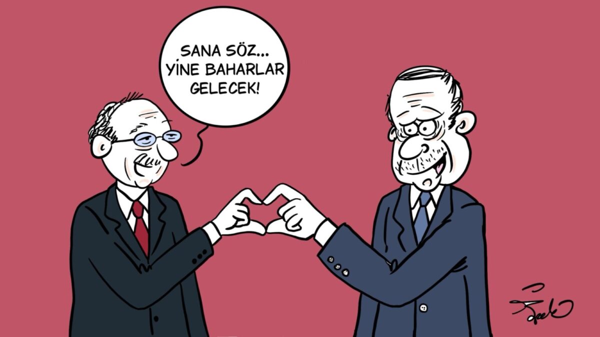 İpek Özsüslü, her hafta Medyascope takipçileri için çiziyor. 18 Mayıs 2026 haftasının karikatürü: "Sana söz yine baharlar gelecek..."