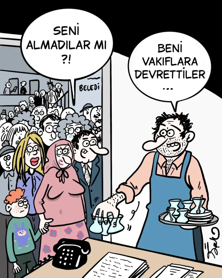 İpek Özsüslü, her hafta Medyascope takipçileri için çiziyor. 18 Mayıs 2026 haftasının karikatürü: “Beni vakıflara devrettiler."