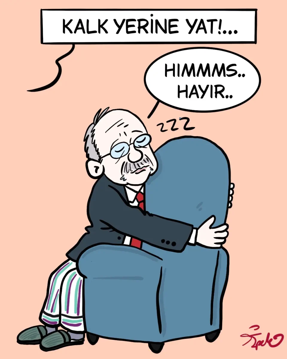 İpek Özsüslü, her hafta Medyascope takipçileri için çiziyor. 8 Haziran 2026 haftasının karikatürü: “Kalk yerine yat…"