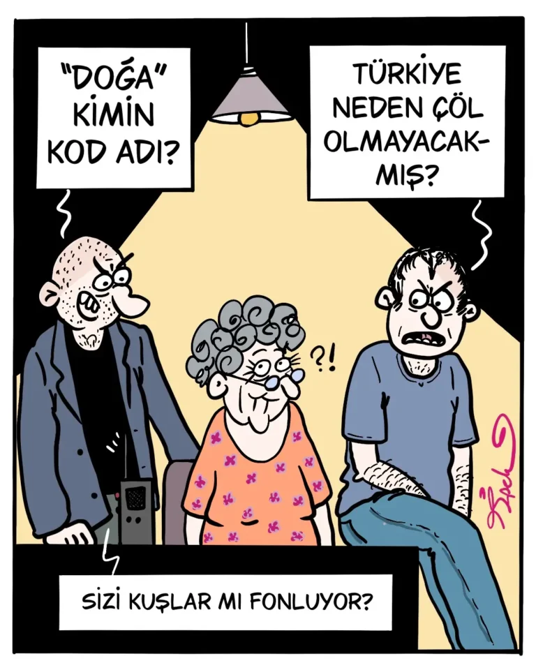 İpek Özsüslü, her hafta Medyascope takipçileri için çiziyor. 22 Haziran 2026 haftasının karikatürü: “Sizi kuşlar mı fonluyor?"