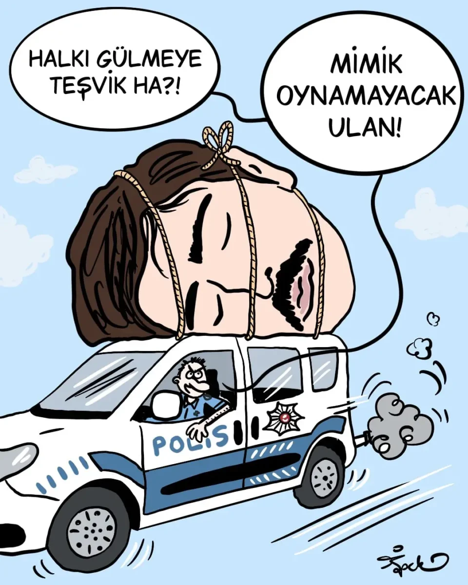 İpek Özsüslü, her hafta Medyascope takipçileri için çiziyor. 29 Haziran 2026 haftasının karikatürü: “Mimik oynamayacak!"