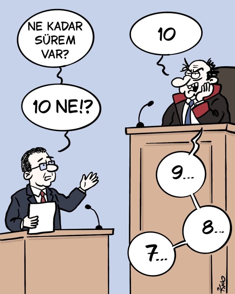 İpek Özsüslü, her hafta Medyascope takipçileri için çiziyor. 6 Temmuz 2026 haftasının karikatürü: Ne kadar sürem var?