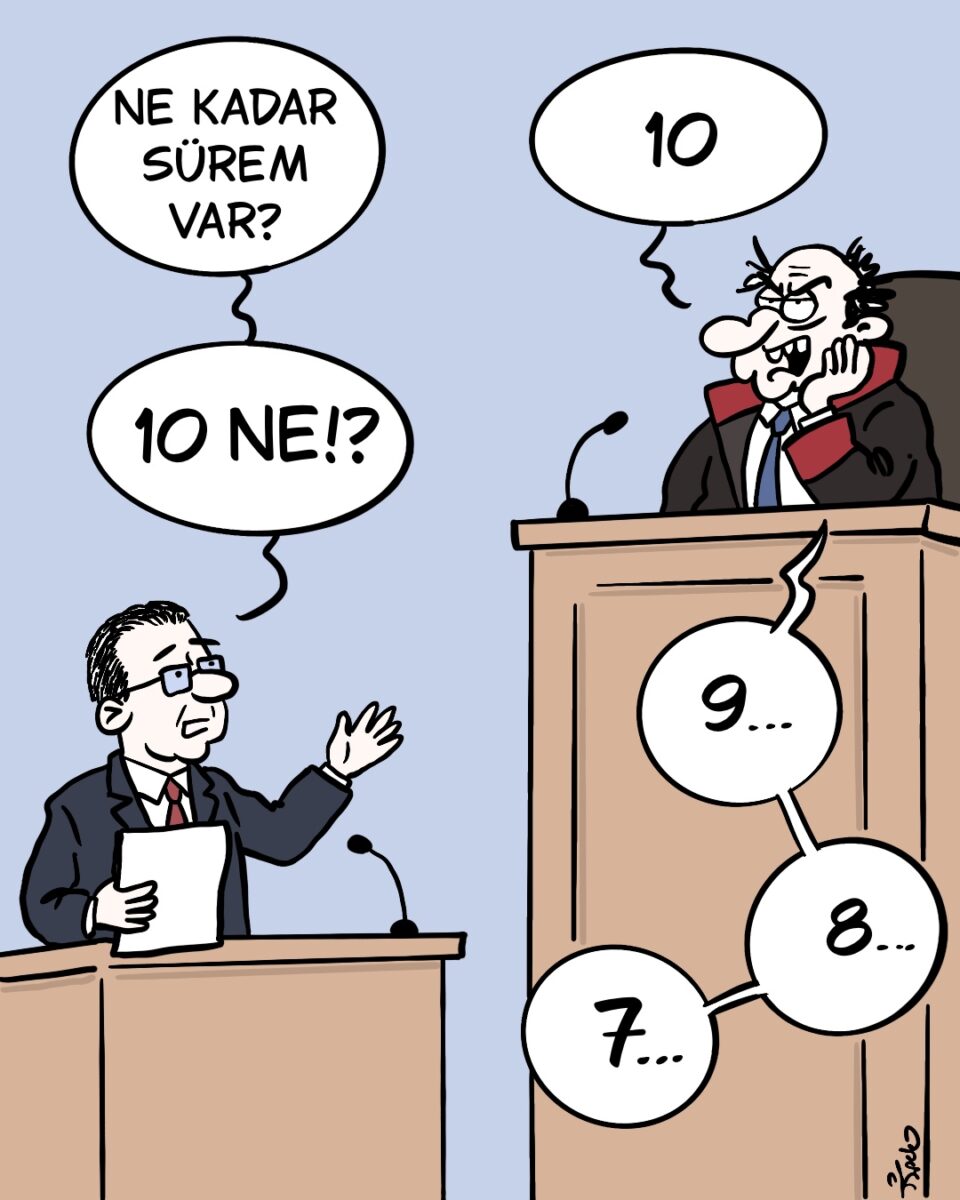 İpek Özsüslü, her hafta Medyascope takipçileri için çiziyor. 6 Temmuz 2026 haftasının karikatürü: Ne kadar sürem var?