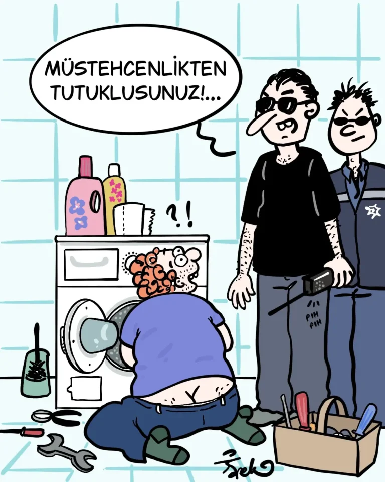İpek Özsüslü, her hafta Medyascope takipçileri için çiziyor. 3 Ağustos 2026 haftasının karikatürü: Müstehcenlikten tutuklusun.