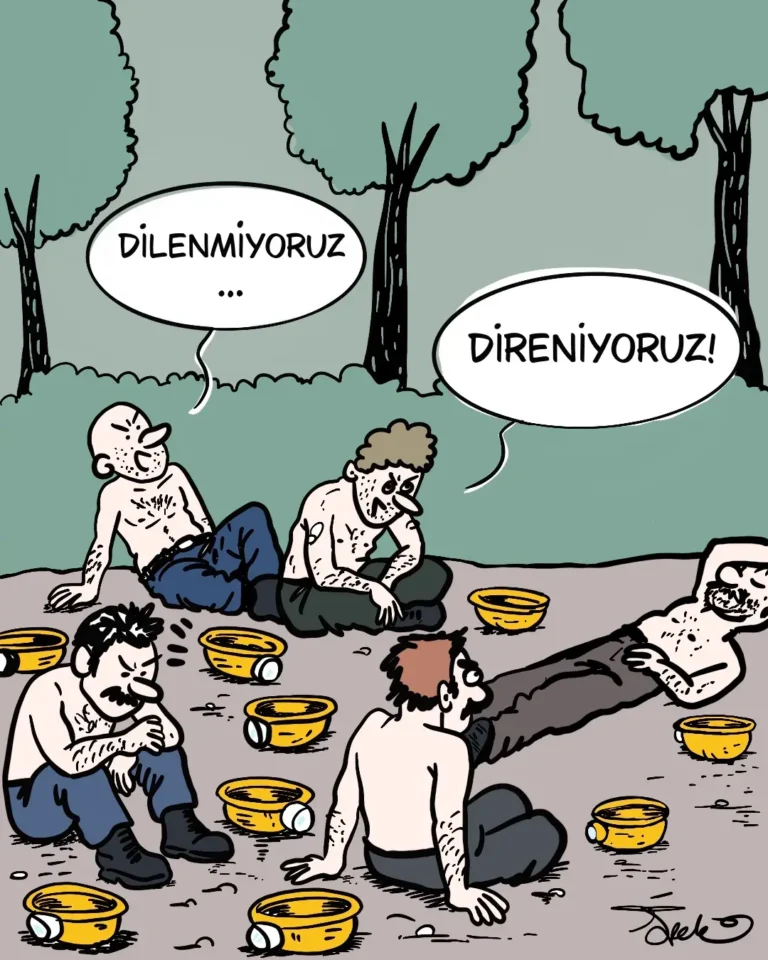 İpek Özsüslü, her hafta Medyascope takipçileri için çiziyor. 17 Ağustos 2026 haftasının karikatürü: Dilenmiyoruz. Direniyoruz.