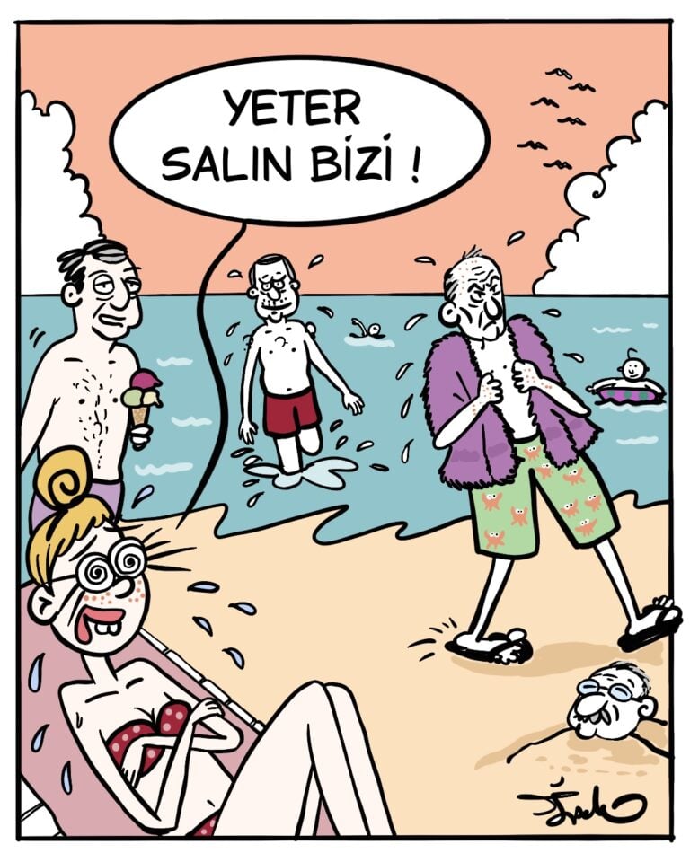 İpek Özsüslü, her hafta Medyascope takipçileri için çiziyor. 10 Ağustos 2026 haftasının karikatürü: Yeter salın bizi.