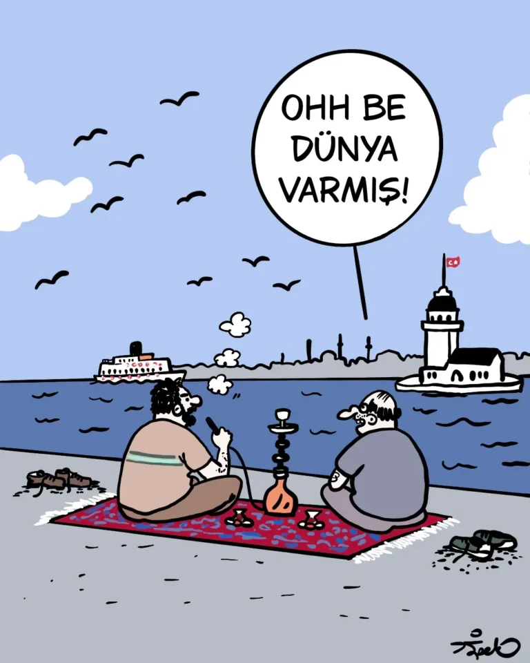 İpek Özsüslü, her hafta Medyascope takipçileri için çiziyor. 31 Ağustos 2026 haftasının karikatürü: Oh be dünya varmış...