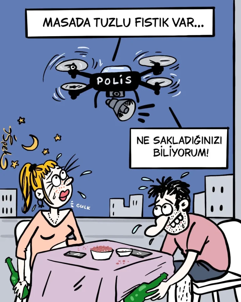 İpek Özsüslü, her hafta Medyascope takipçileri için çiziyor. 31 Ağustos 2026 haftasının karikatürü: Masada tuzlu fıstık var.