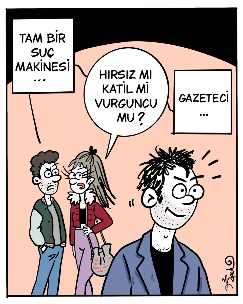 İpek Özsüslü, her hafta Medyascope takipçileri için çiziyor. 19 Ekim 2026 haftasının karikatürü: "Hırsız mı, katil mi, vurguncu mu?" "Gazeteci..."